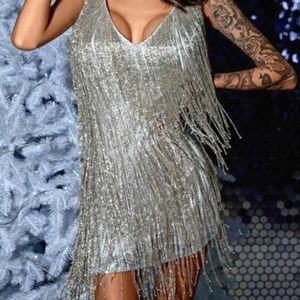 Sequin dress Sexy Tassel Spaghetti Strap Patchwork Mini   dresses women - SILVER